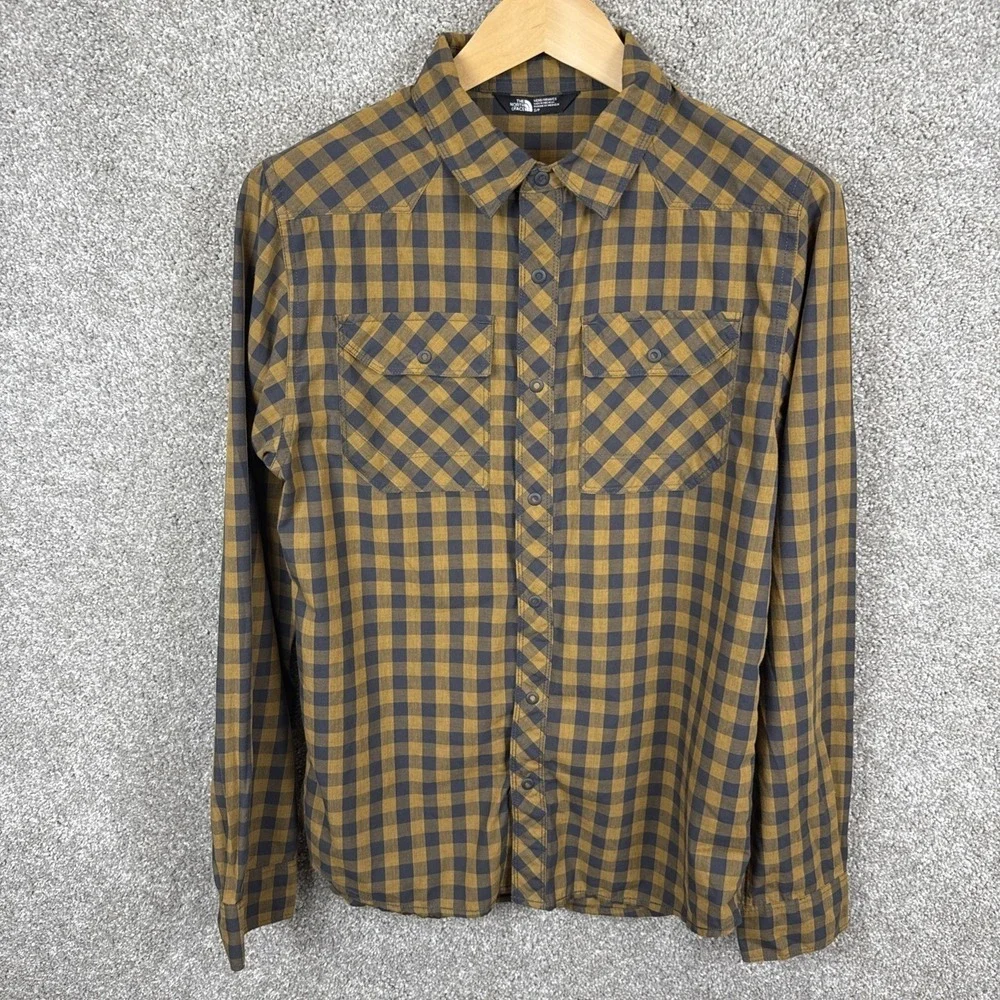 The North Face Mens Small Plaid Snap Front Western Shirt Yellow Grey Long Sleeve